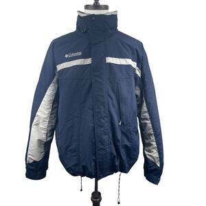 Columbia Sportswear Men Ski Jacket Blue White Full Zip Sz XL Hidden Hood Bugaboo